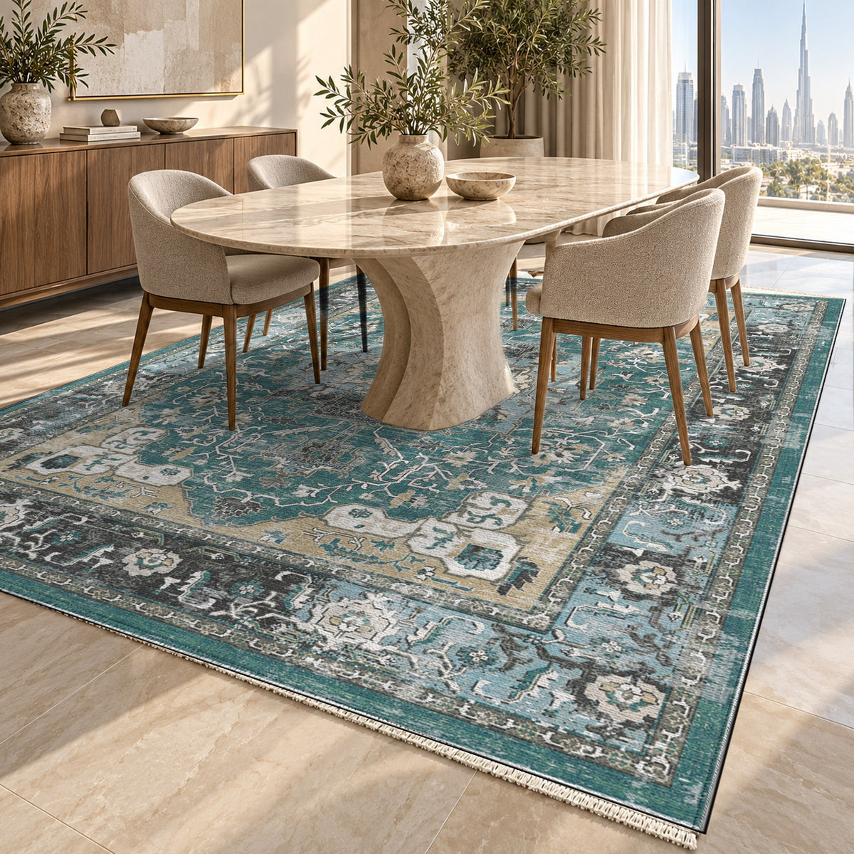 Tabriz Medallion Teal Vintage Washable Rug — dubai dining
