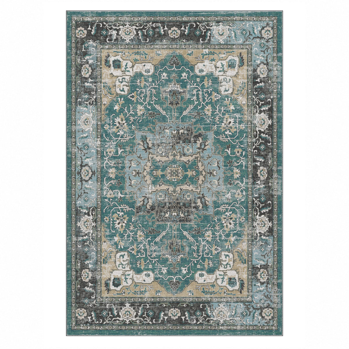 Tabriz Medallion Teal Vintage Washable Rug — top view