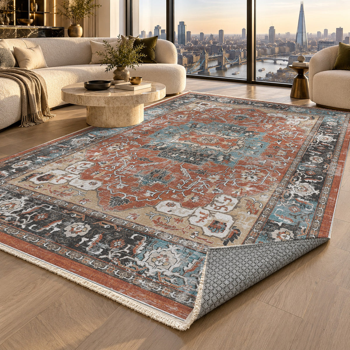 Tabriz Medallion Terracotta Vintage Washable Rug — london luxury living