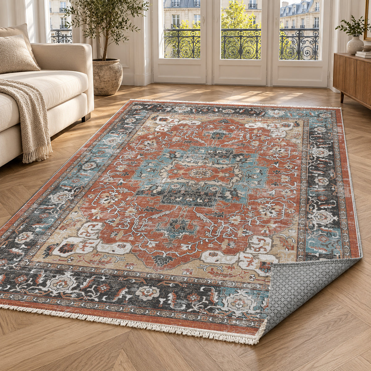Tabriz Medallion Terracotta Vintage Washable Rug — paris living