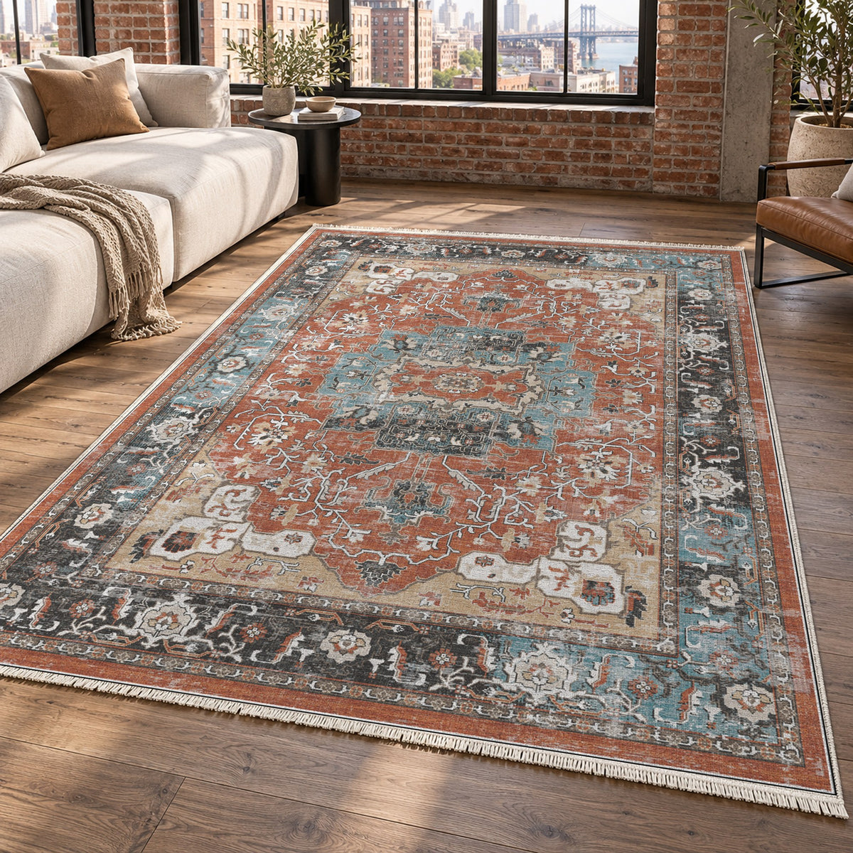 Tabriz Medallion Terracotta Vintage Washable Rug — new york living