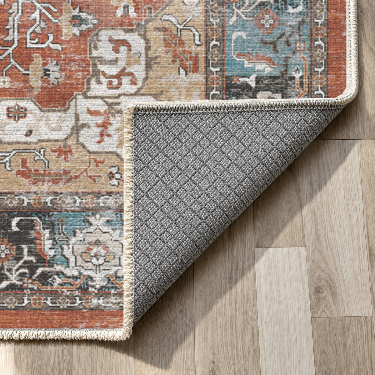 Tabriz Medallion Terracotta Vintage Washable Rug — backing close up