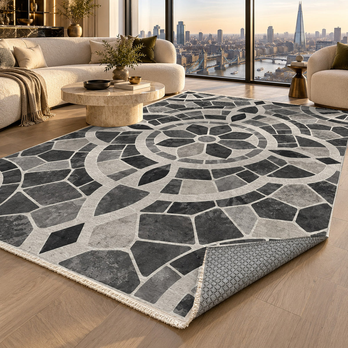 Terracotta Tiles Charcoal Geometric Washable Rug — london luxury living