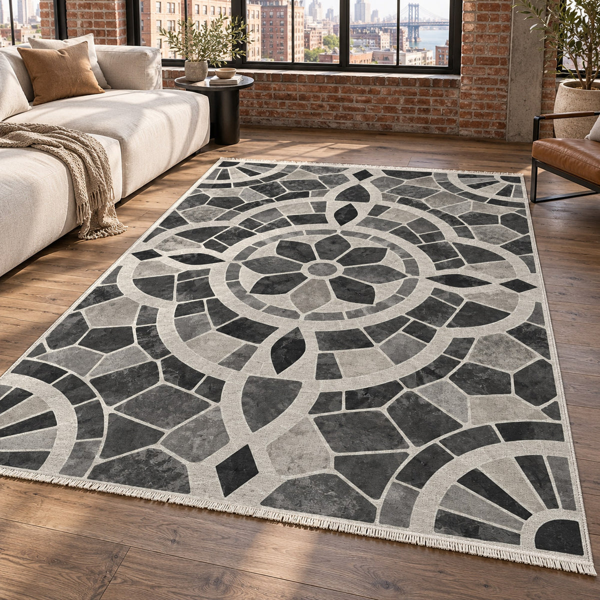 Terracotta Tiles Charcoal Geometric Washable Rug — new york living
