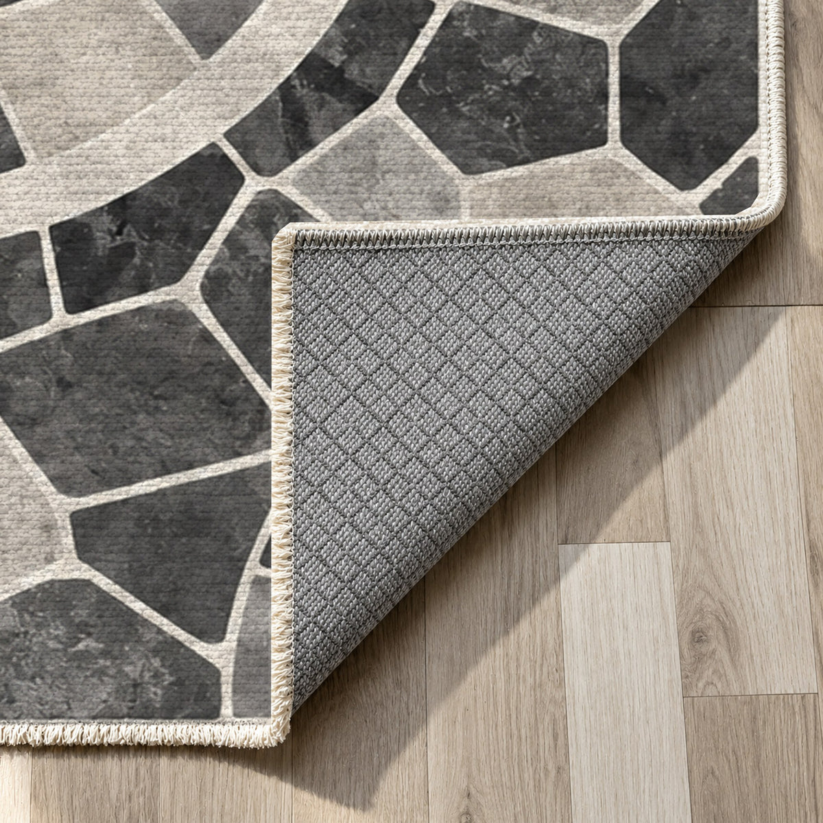 Terracotta Tiles Charcoal Geometric Washable Rug — backing close up