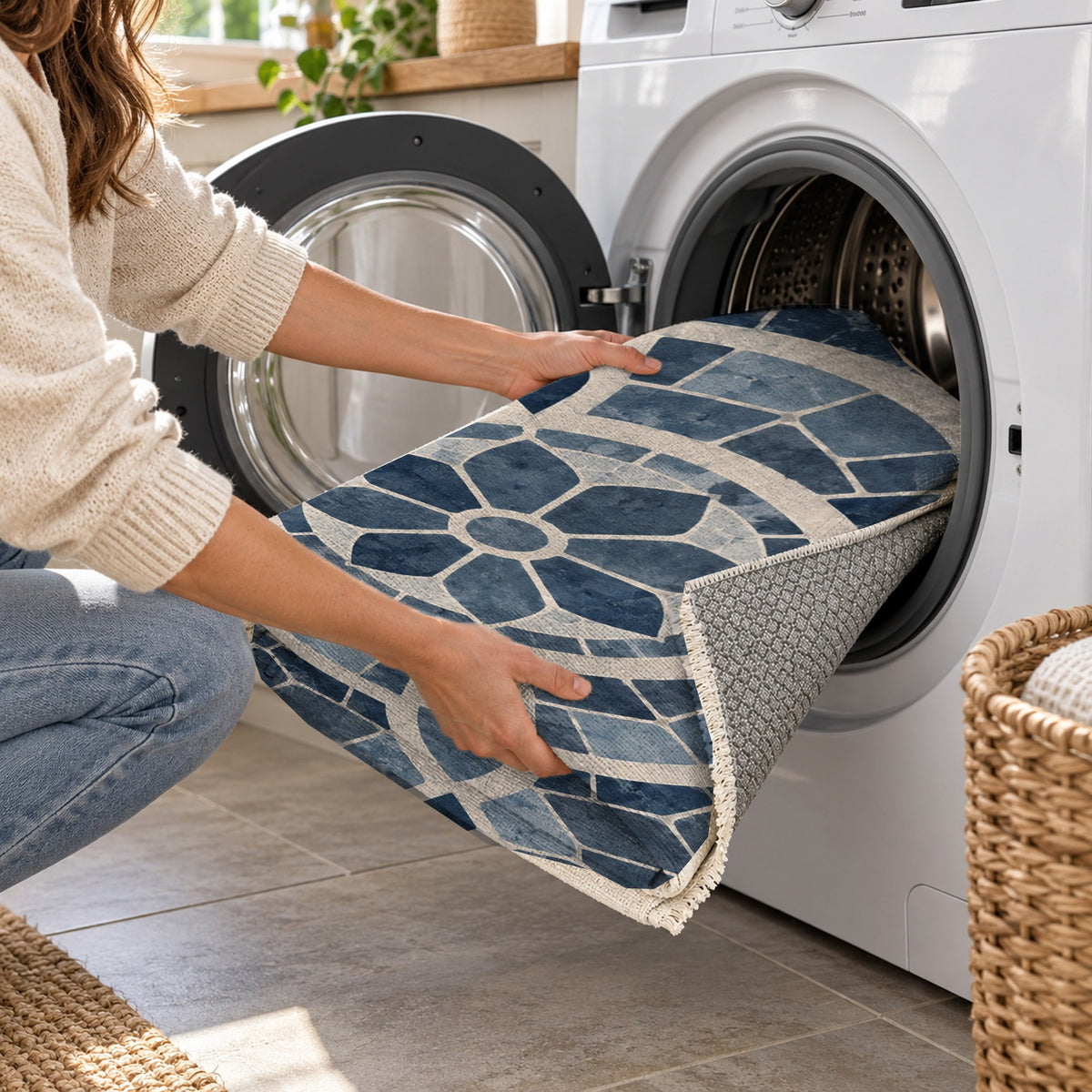 Terracotta Tiles Indigo Geometric Washable Rug — washing machine