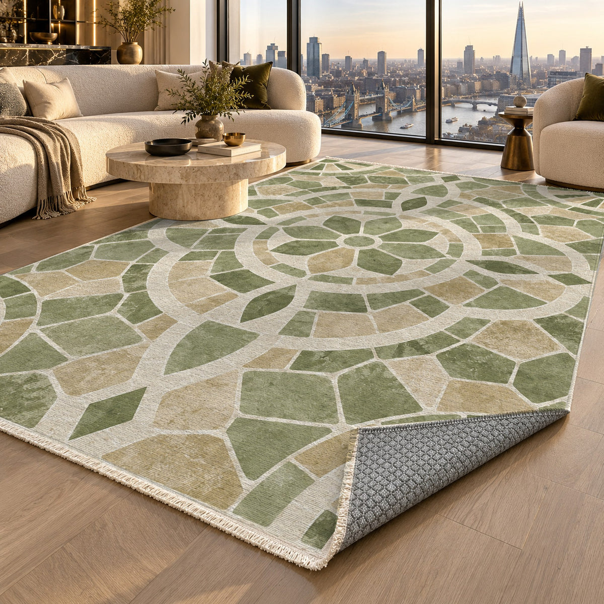 Terracotta Tiles Sage Geometric Washable Rug — london luxury living