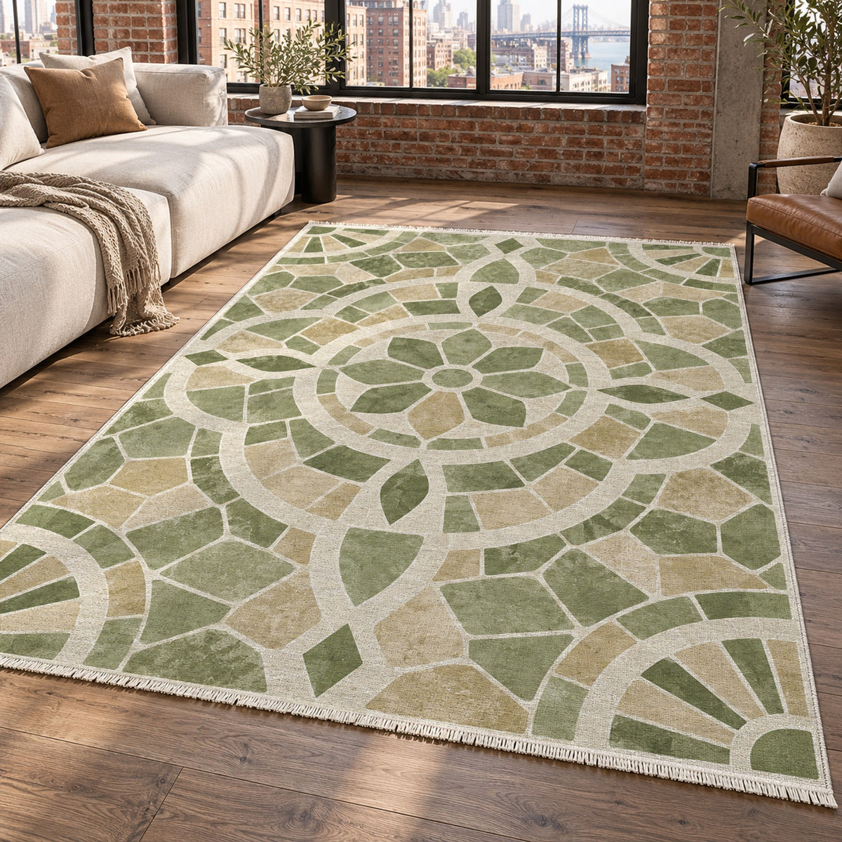 Terracotta Tiles Sage Geometric Washable Rug — new york living