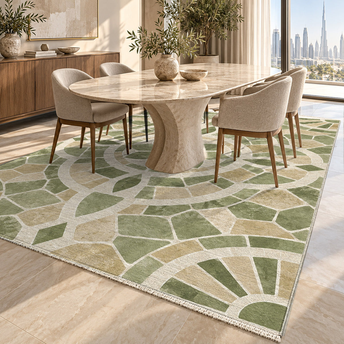 Terracotta Tiles Sage Geometric Washable Rug — dubai dining