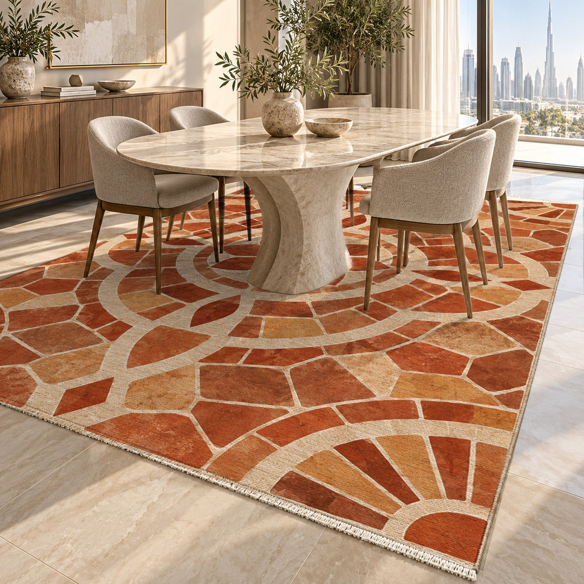 Terracotta Tiles Terracotta Geometric Washable Rug — dubai dining