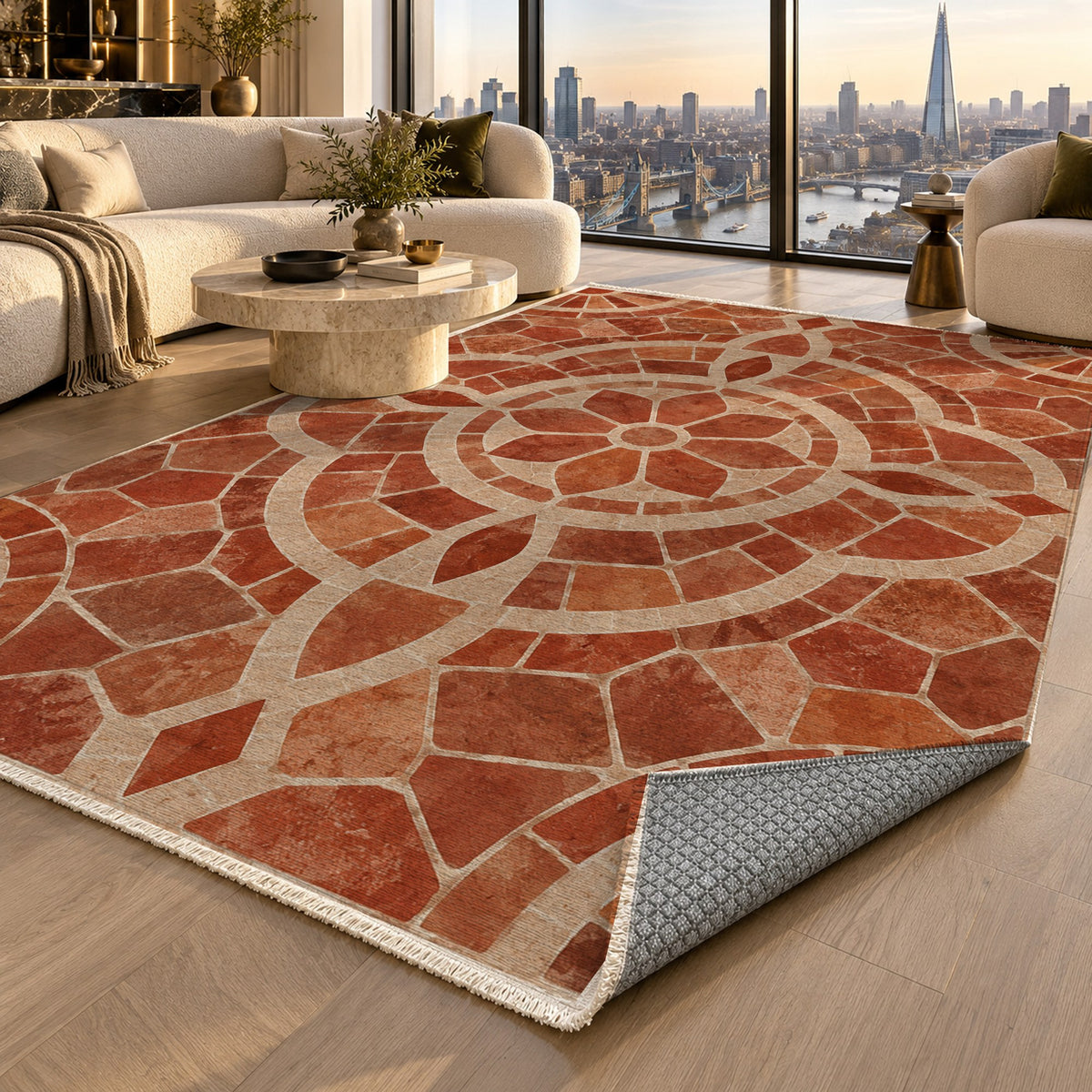 Terracotta Tiles Geometric Washable Rug — london luxury living