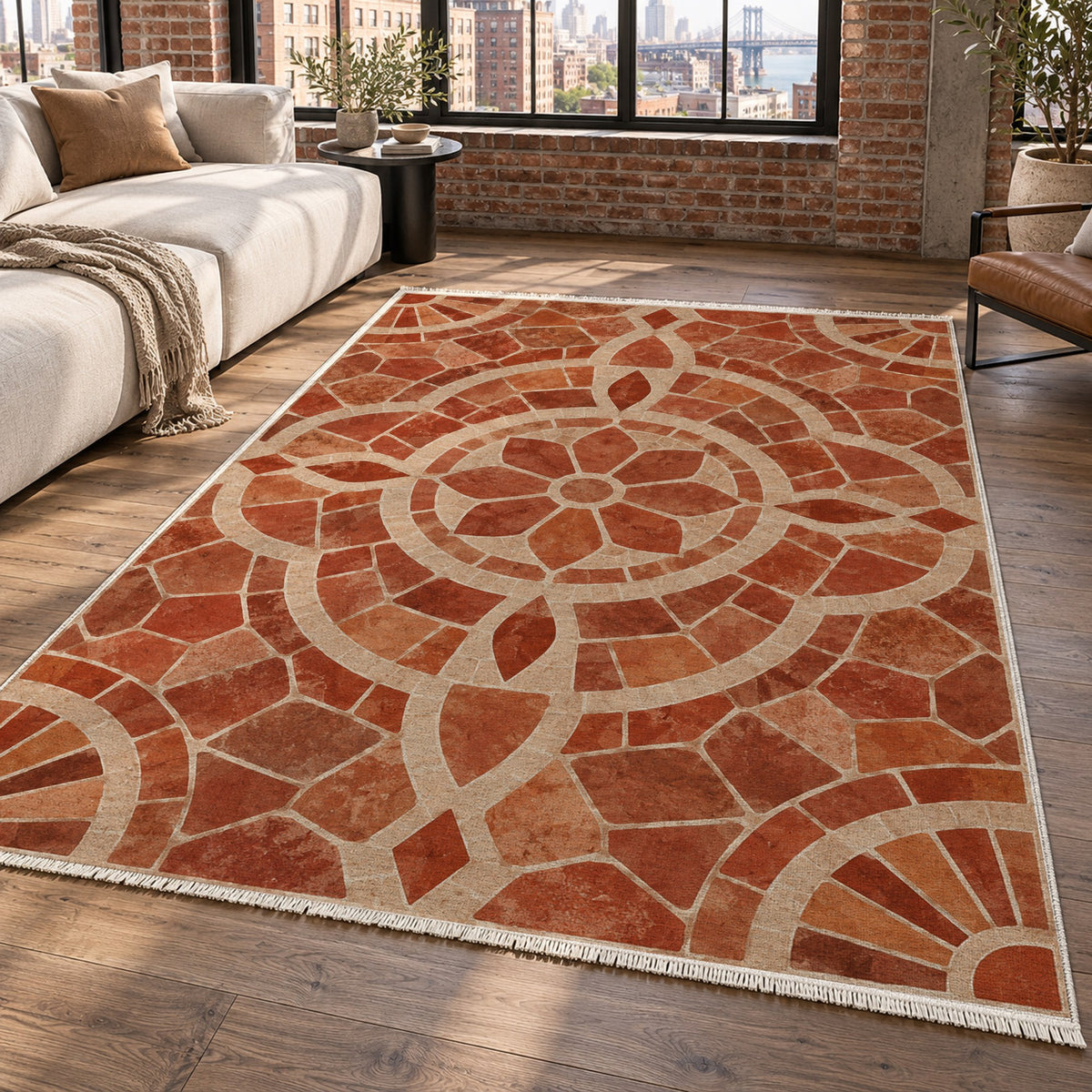 Terracotta Tiles Geometric Washable Rug — new york living