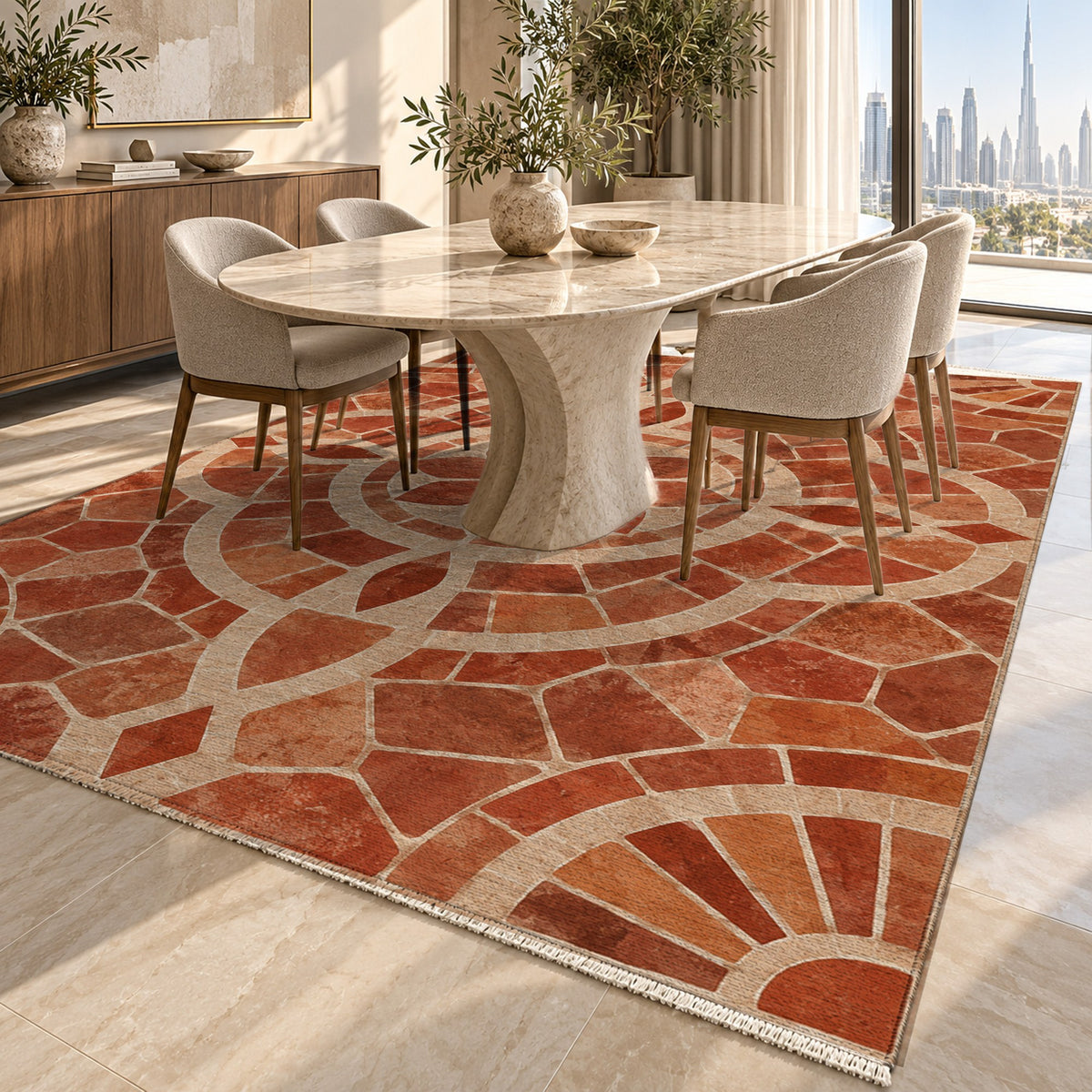 Terracotta Tiles Geometric Washable Rug — dubai dining