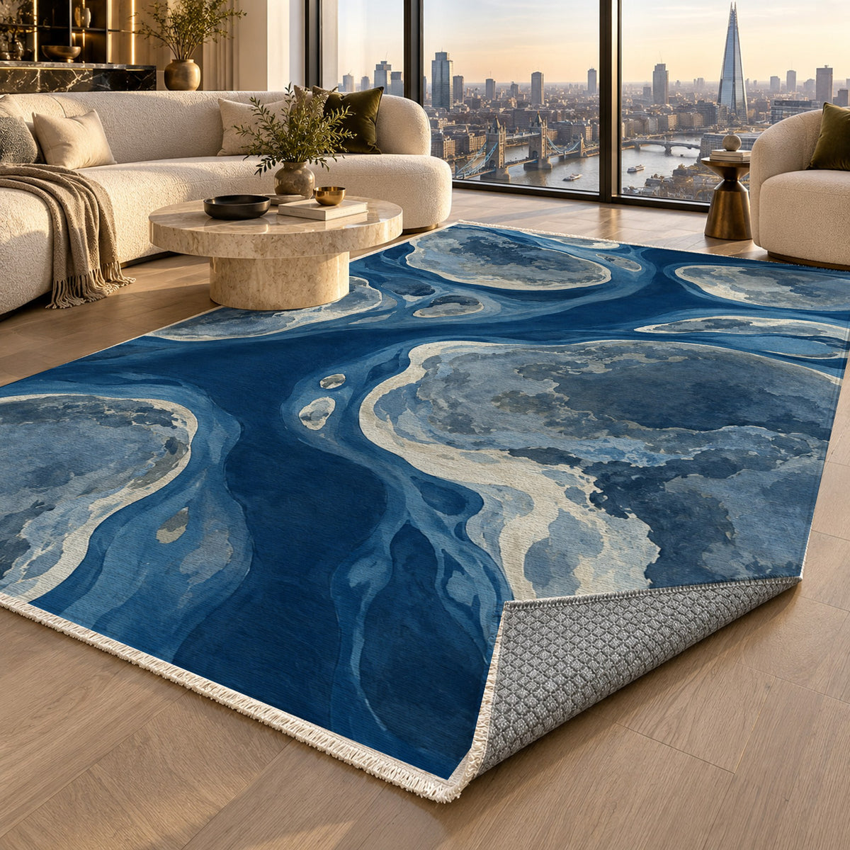 Tidal Islands Indigo Abstract Washable Rug — london luxury living