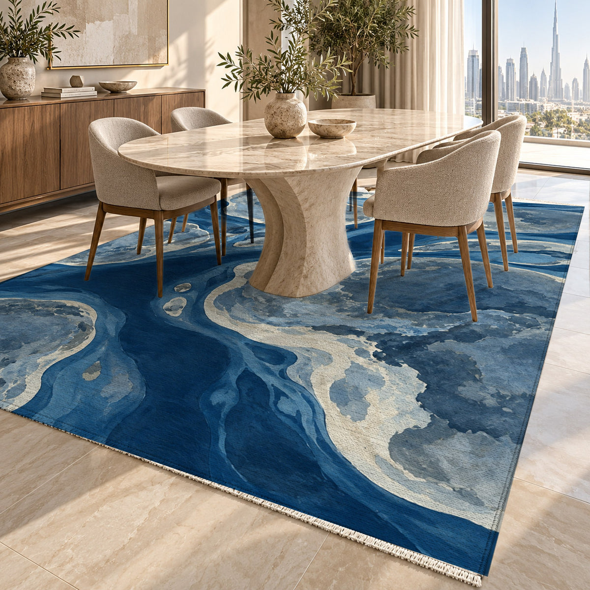 Tidal Islands Indigo Abstract Washable Rug — dubai dining