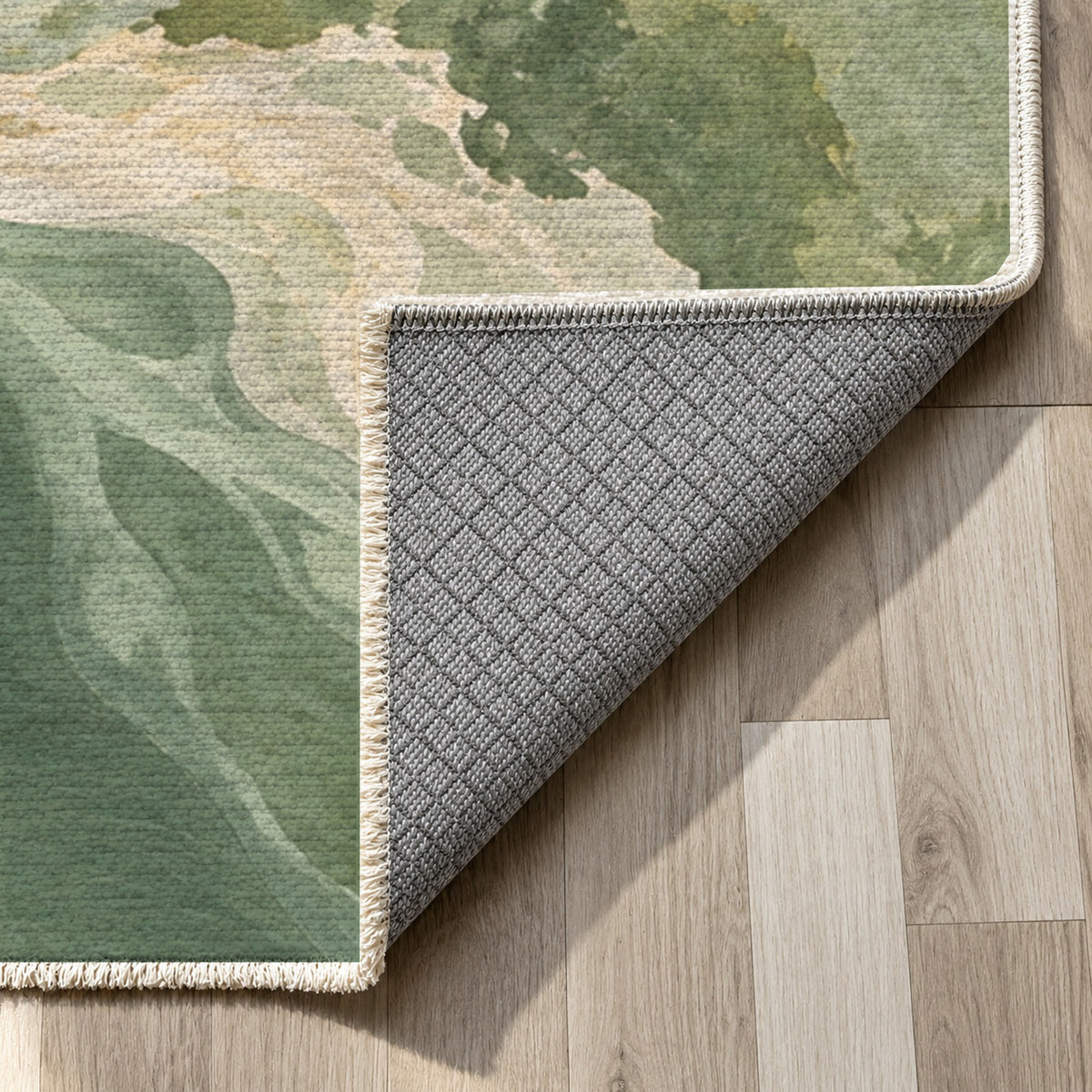 Tidal Islands Sage Abstract Washable Rug — backing close up
