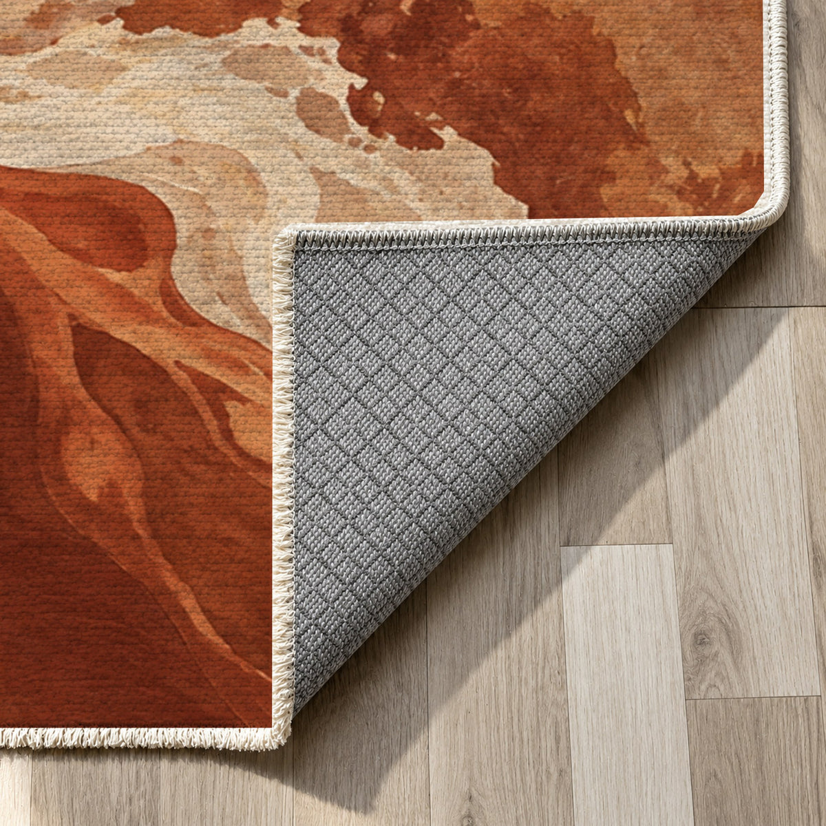 Tidal Islands Terracotta Abstract Washable Rug — backing close up