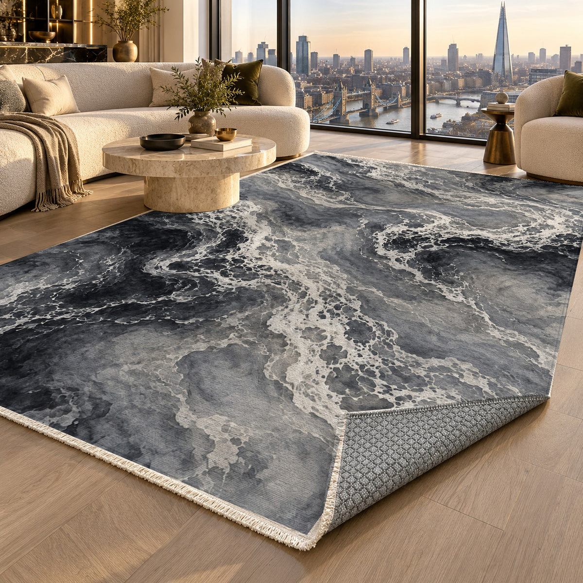 Tidal Lace Charcoal Abstract Washable Rug — london luxury living