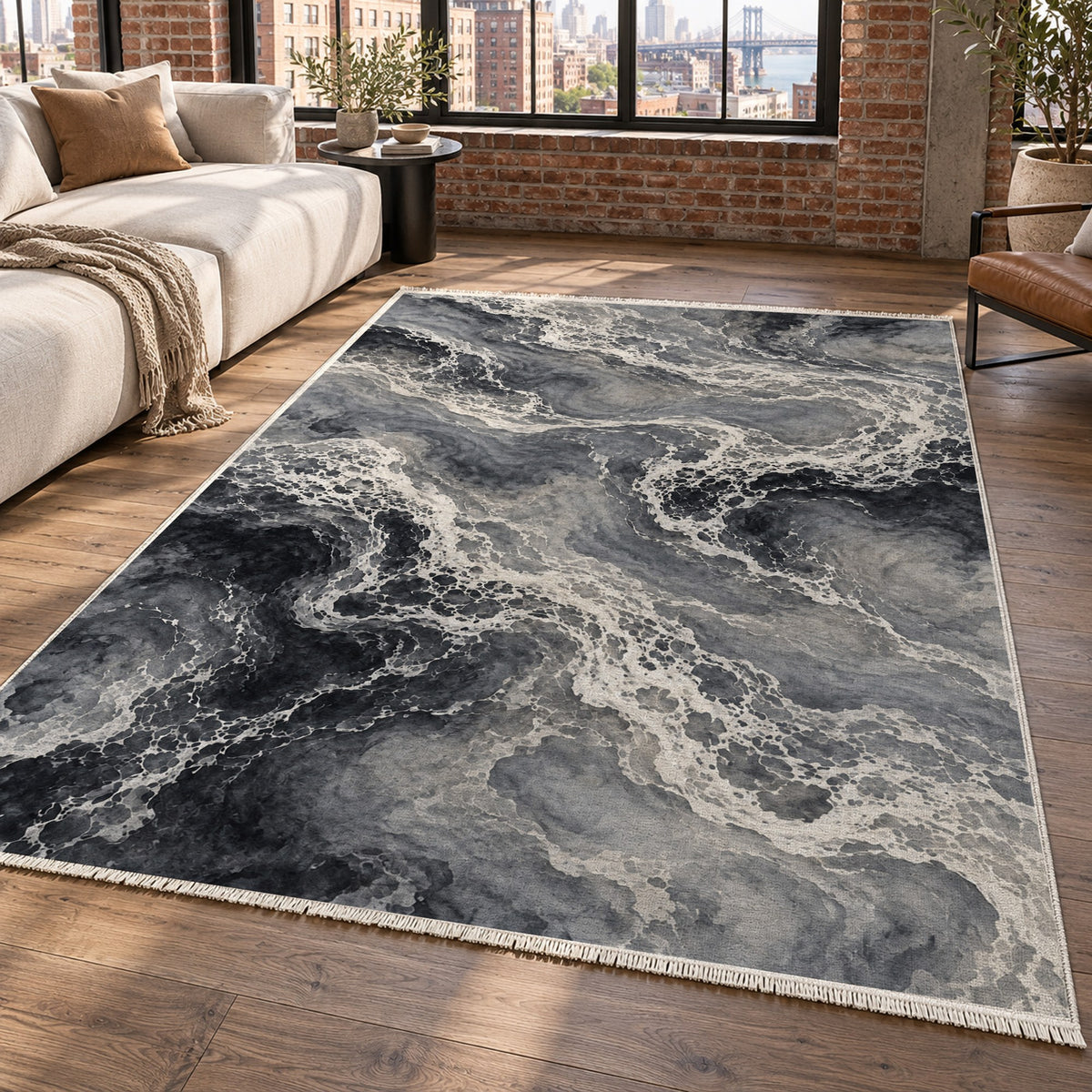 Tidal Lace Charcoal Abstract Washable Rug — new york living