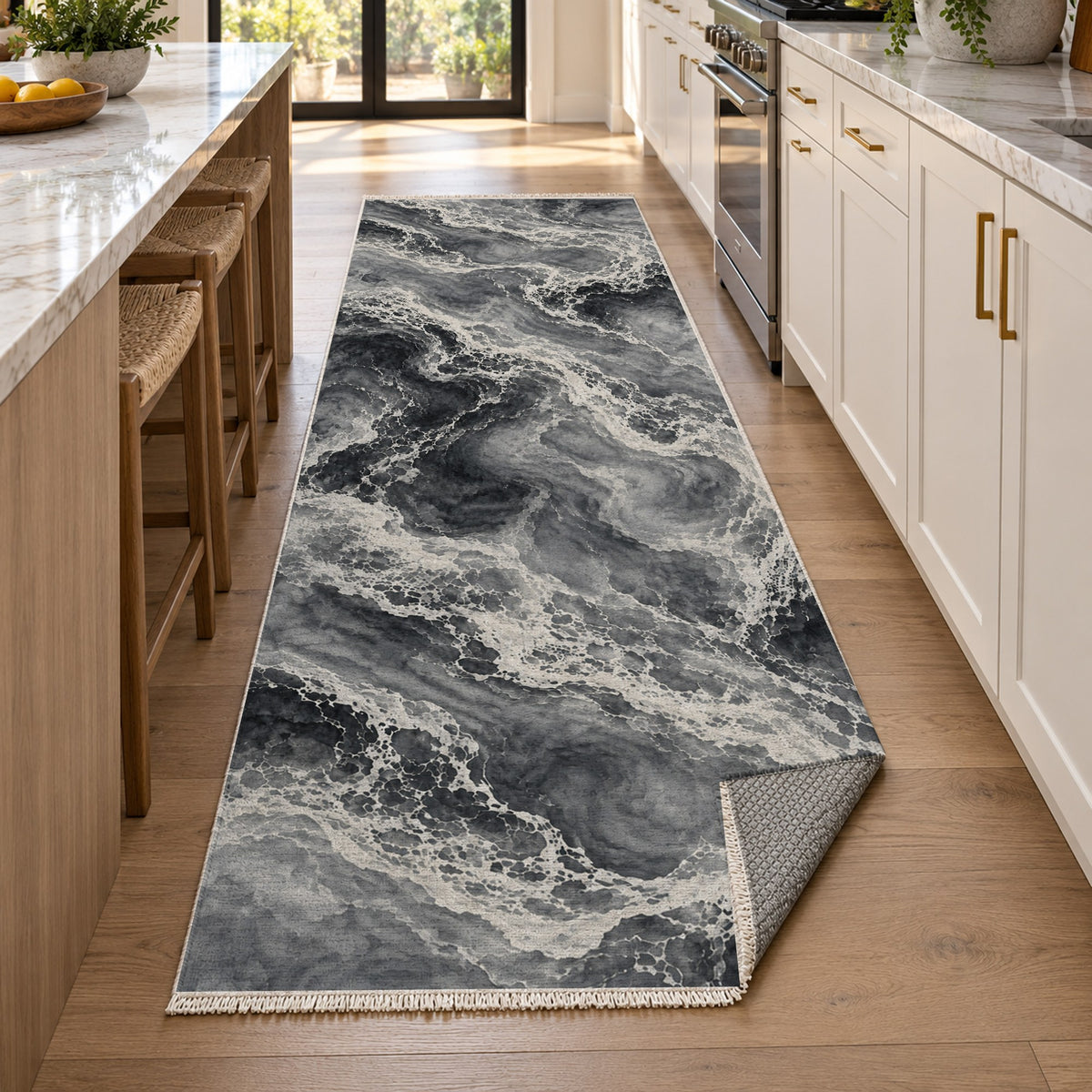 Tidal Lace Charcoal Abstract Washable Rug — new york kitchen runner