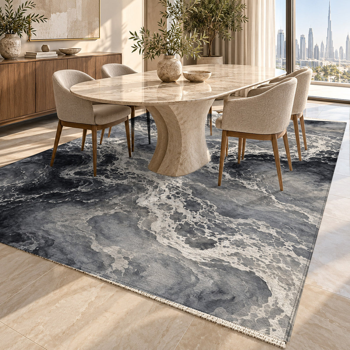 Tidal Lace Charcoal Abstract Washable Rug — dubai dining