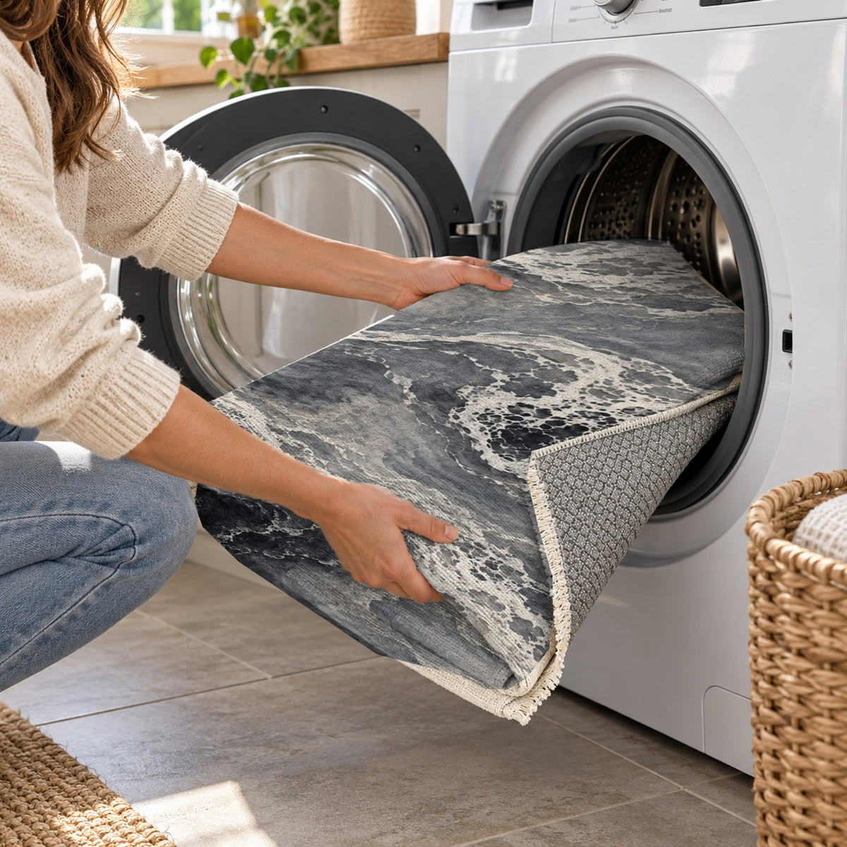 Tidal Lace Charcoal Abstract Washable Rug — washing machine