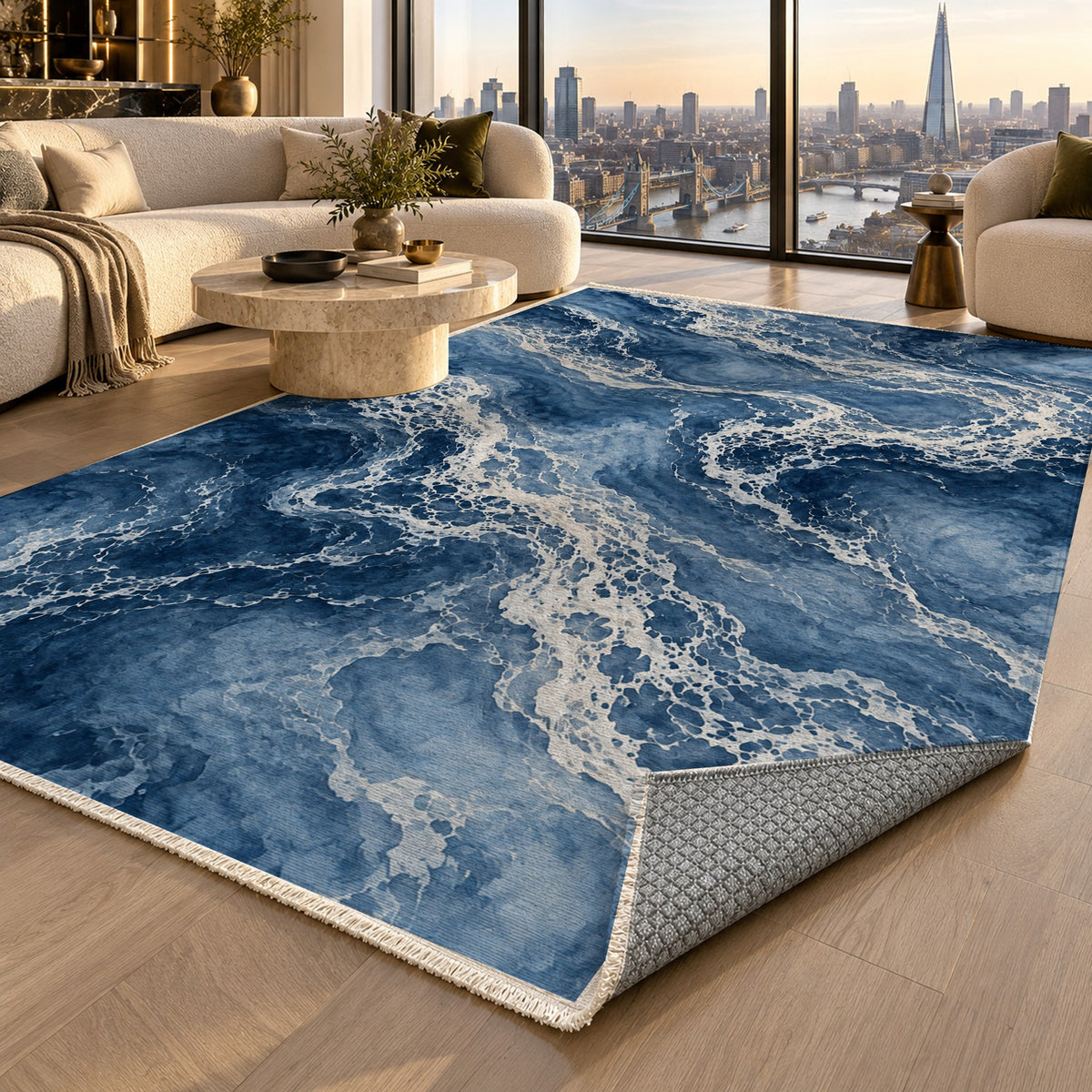 Tidal Lace Indigo Abstract Washable Rug — london luxury living