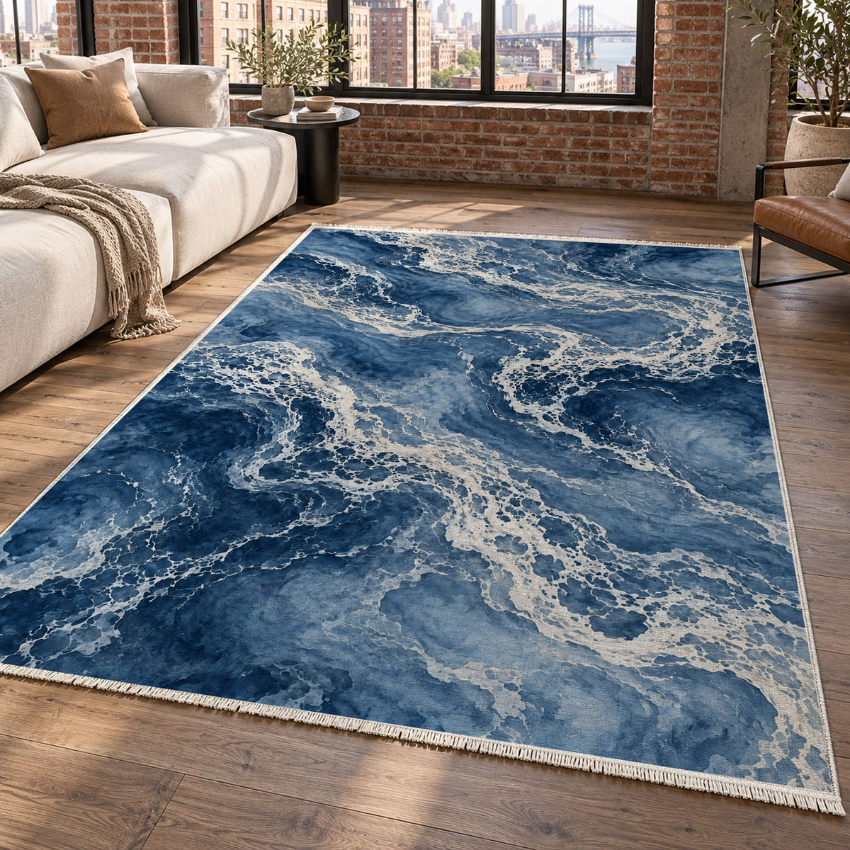 Tidal Lace Indigo Abstract Washable Rug — new york living