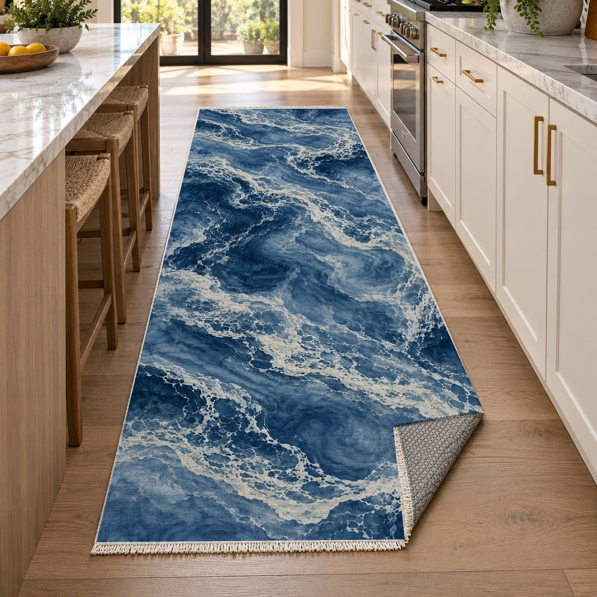 Tidal Lace Indigo Abstract Washable Rug — new york kitchen runner