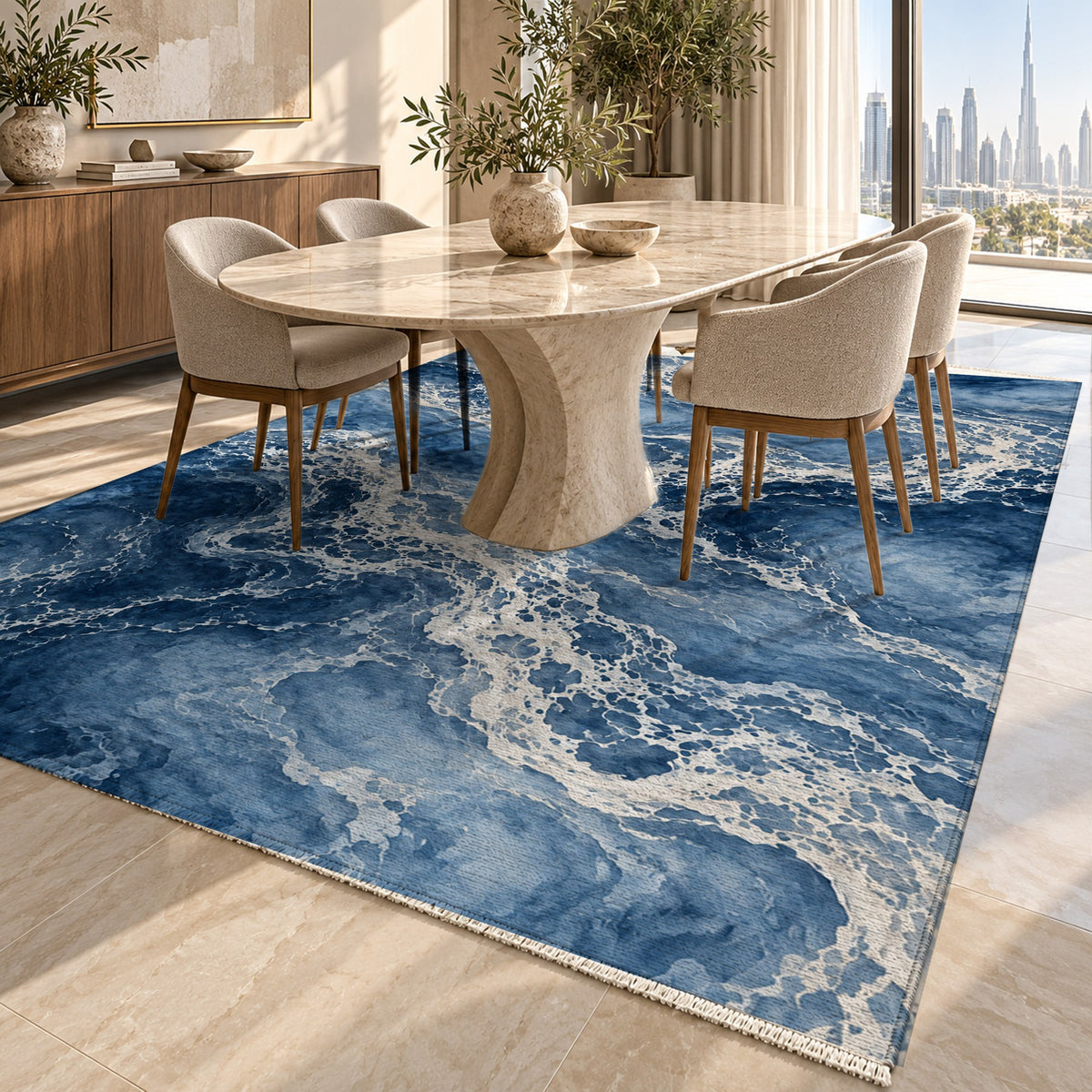 Tidal Lace Indigo Abstract Washable Rug — dubai dining