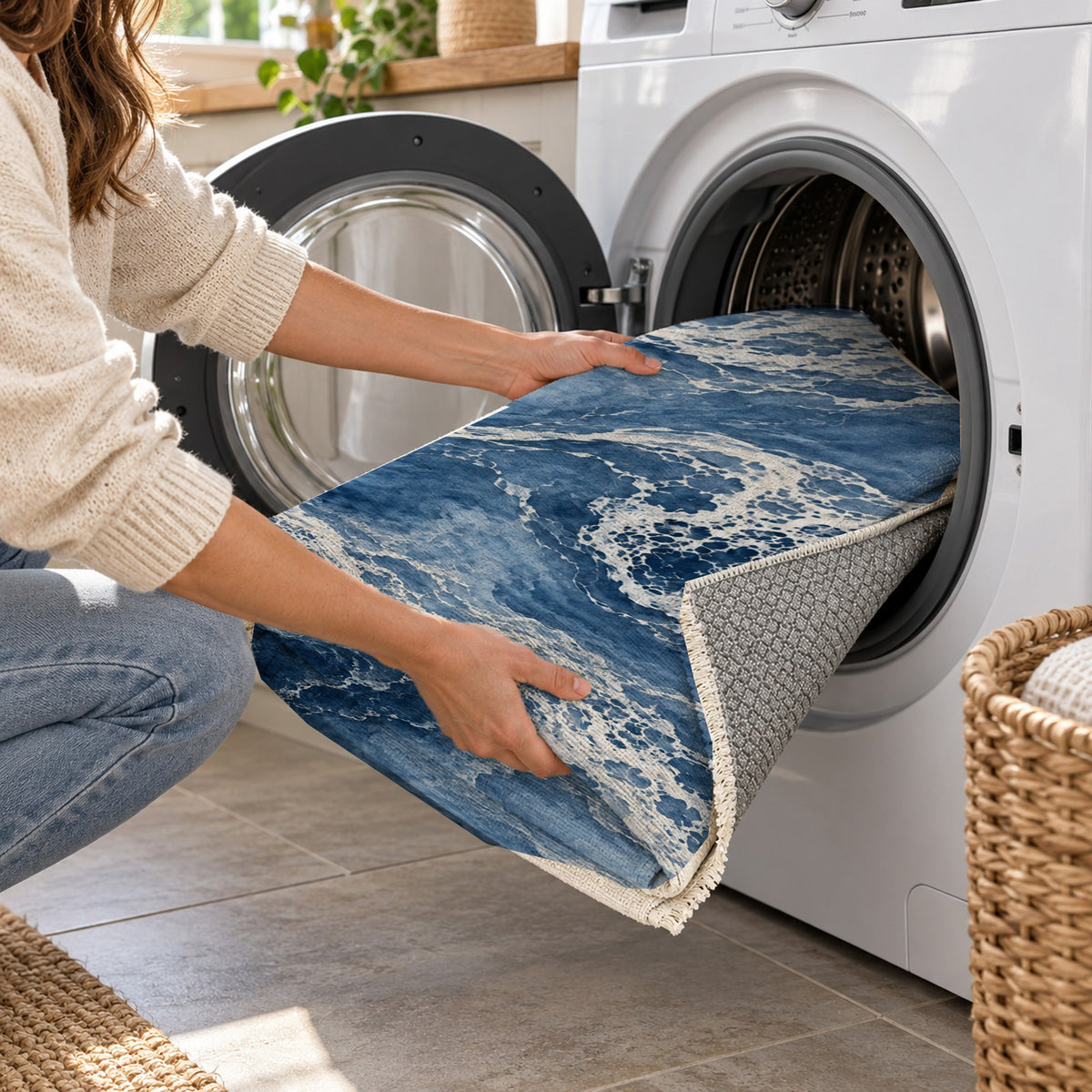 Tidal Lace Indigo Abstract Washable Rug — washing machine