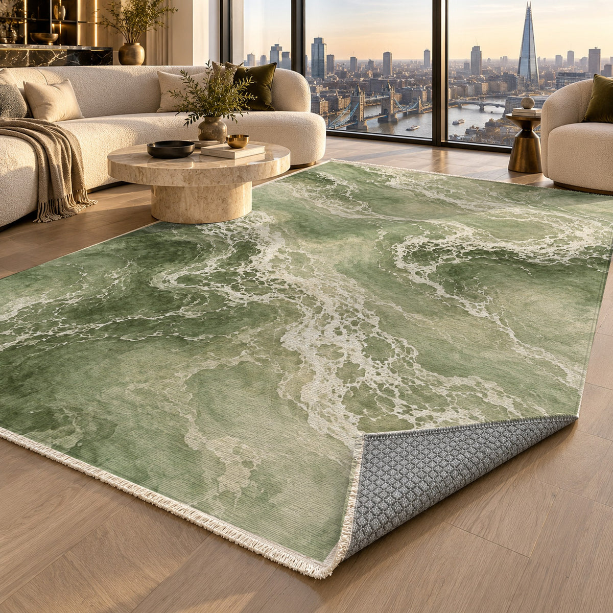 Tidal Lace Sage Abstract Washable Rug — london luxury living