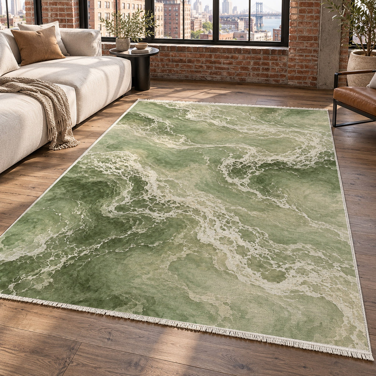 Tidal Lace Sage Abstract Washable Rug — new york living
