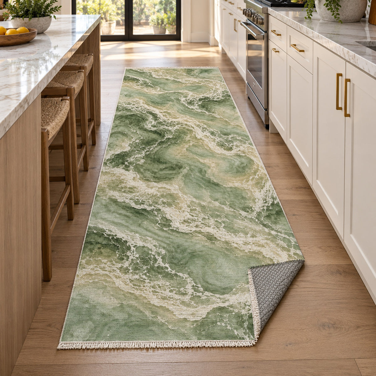 Tidal Lace Sage Abstract Washable Rug — new york kitchen runner