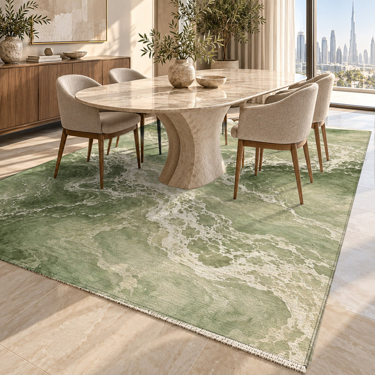 Tidal Lace Sage Abstract Washable Rug — dubai dining