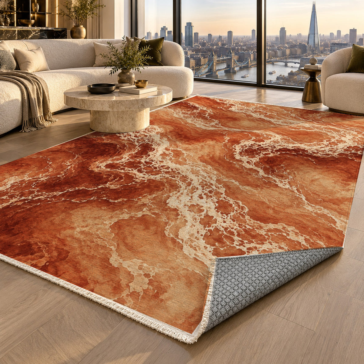 Tidal Lace Terracotta Abstract Washable Rug — london luxury living