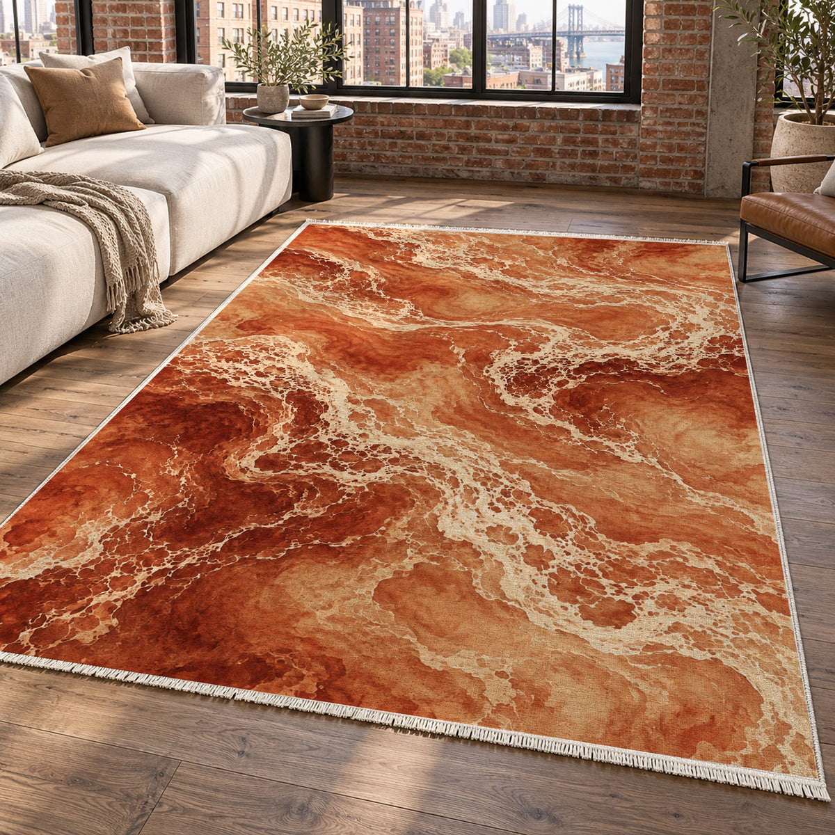 Tidal Lace Terracotta Abstract Washable Rug — new york living