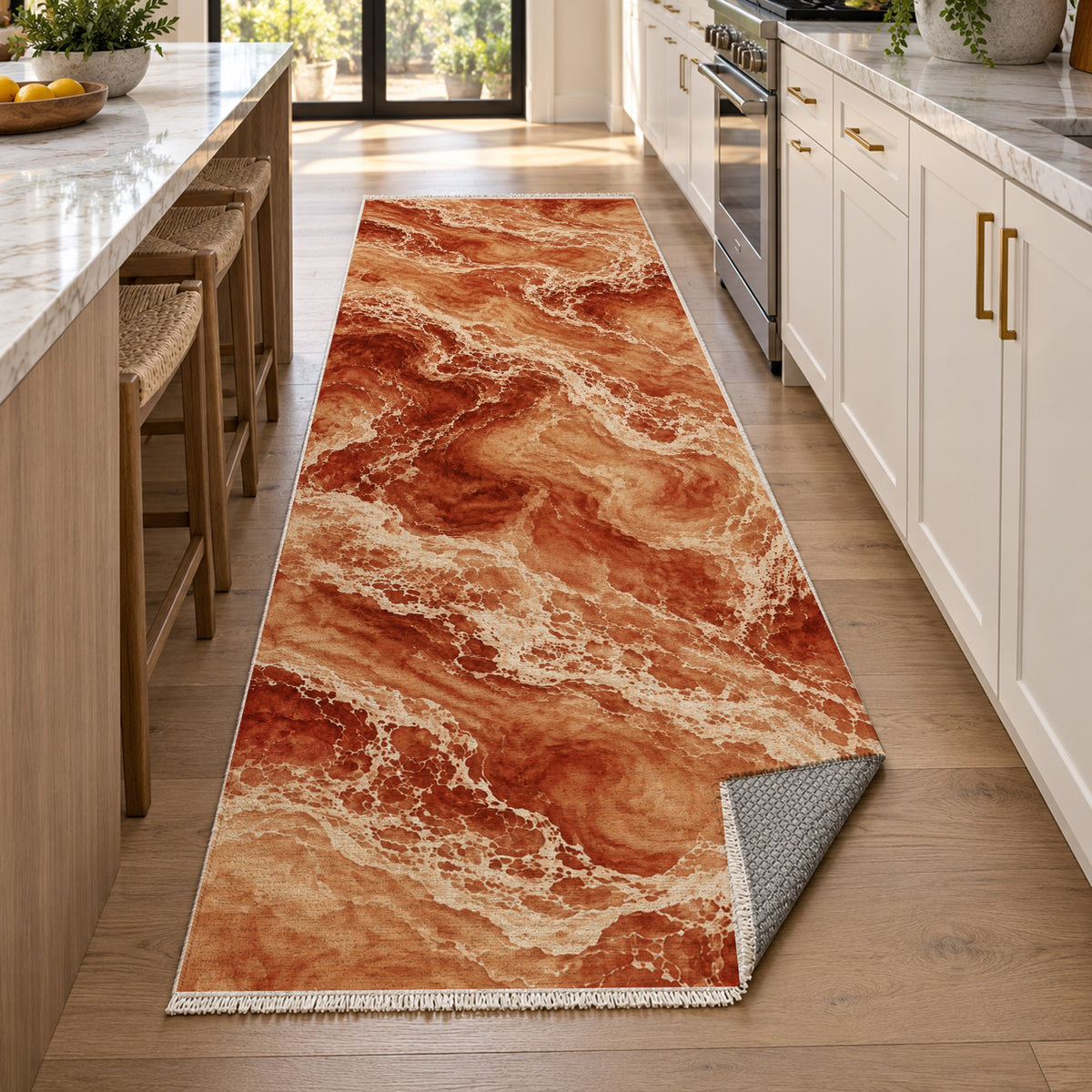 Tidal Lace Terracotta Abstract Washable Rug — new york kitchen runner