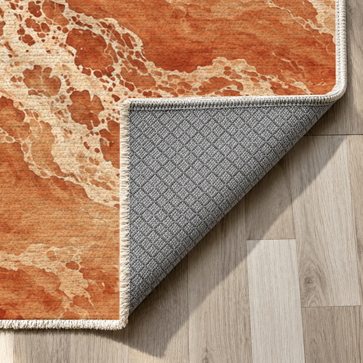 Tidal Lace Terracotta Abstract Washable Rug — backing close up