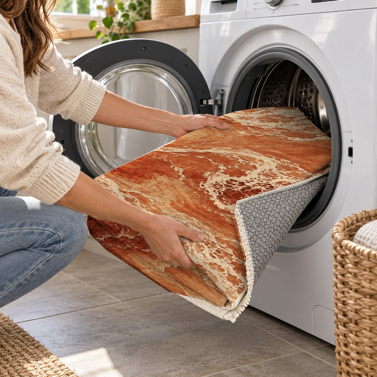 Tidal Lace Terracotta Abstract Washable Rug — washing machine