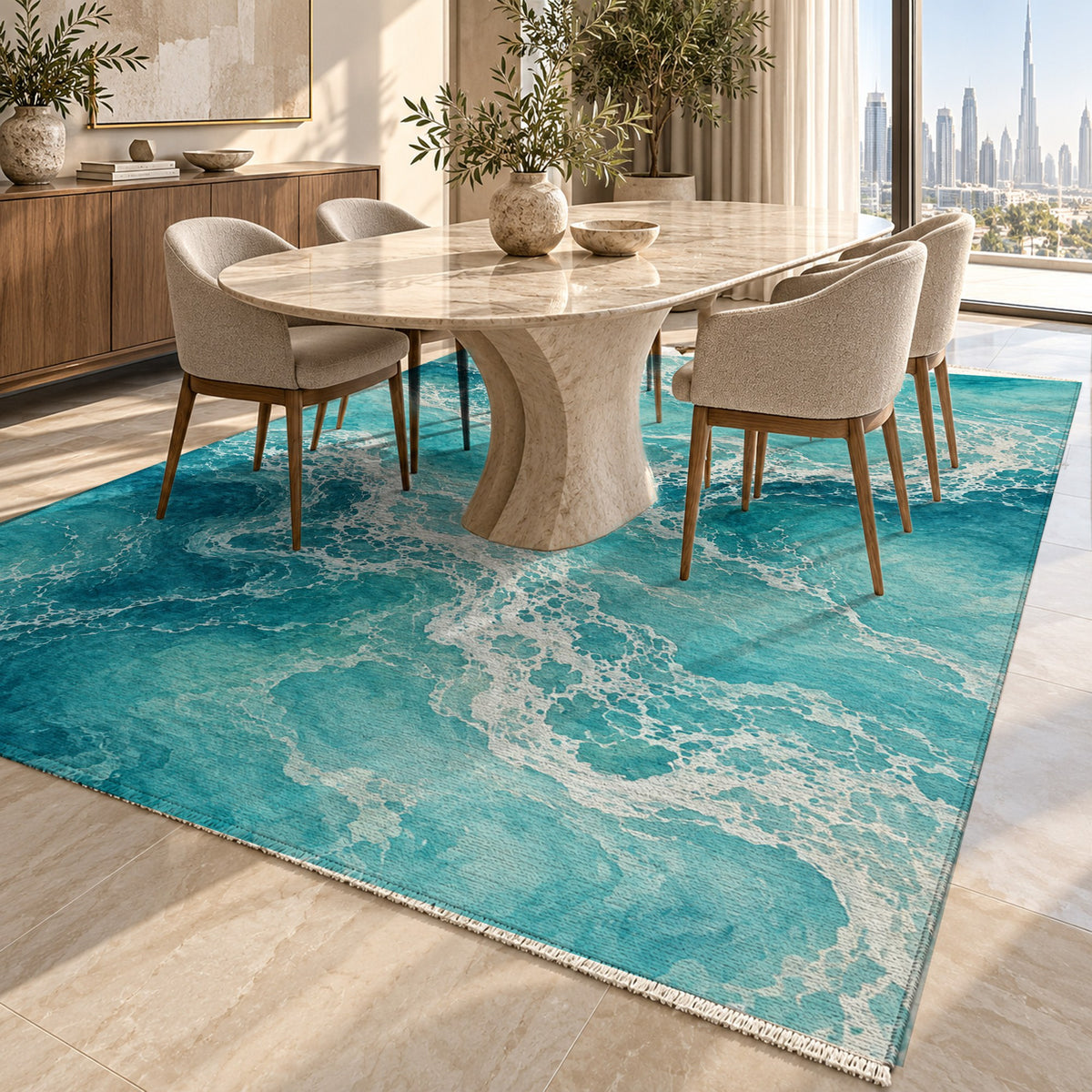 Tidal Lace Abstract Washable Rug — dubai dining