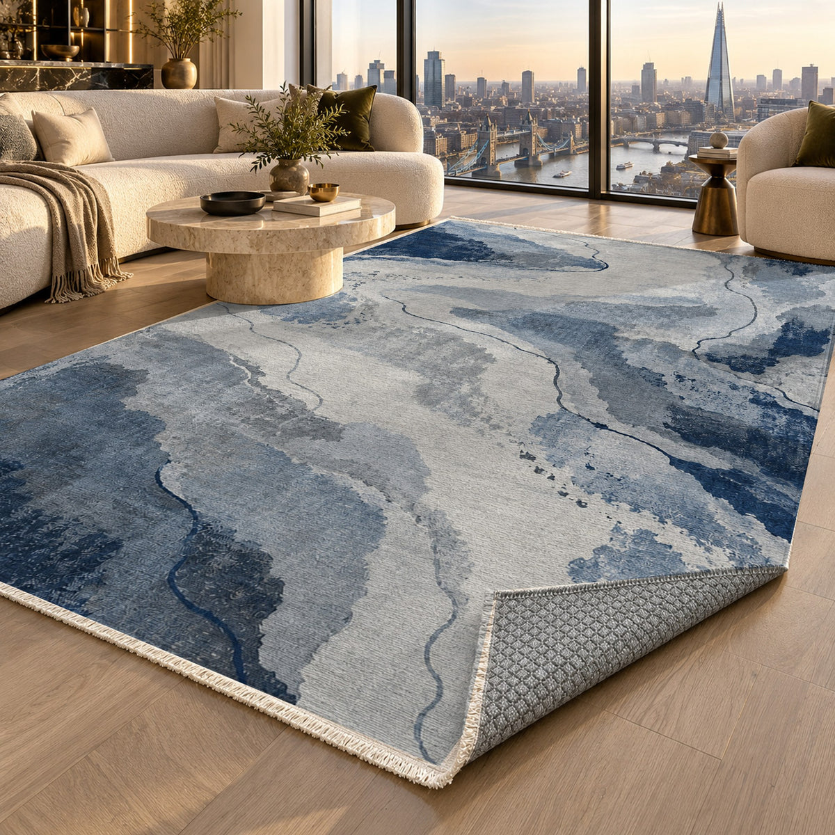 Tidal Traces Blue Grey Abstract Washable Rug — london luxury living