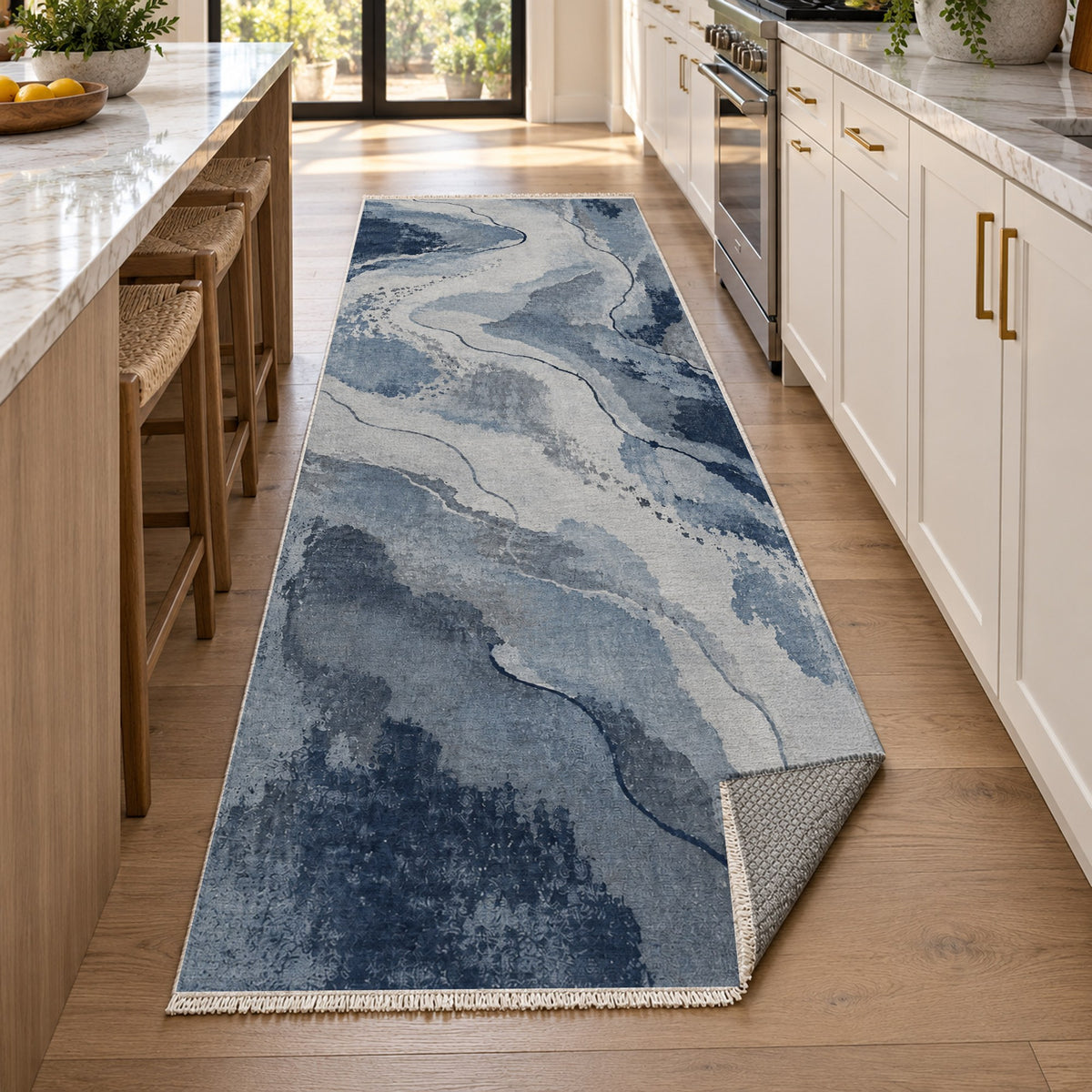 Tidal Traces Blue Grey Abstract Washable Rug — new york kitchen runner