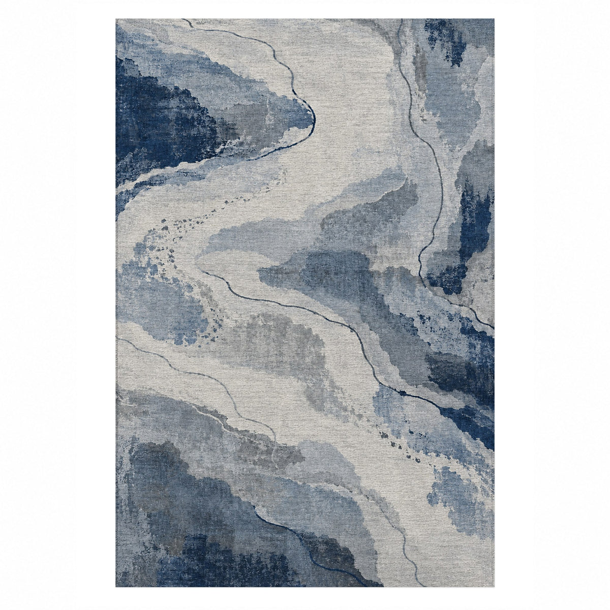 Tidal Traces Blue Grey Abstract Washable Rug — top view