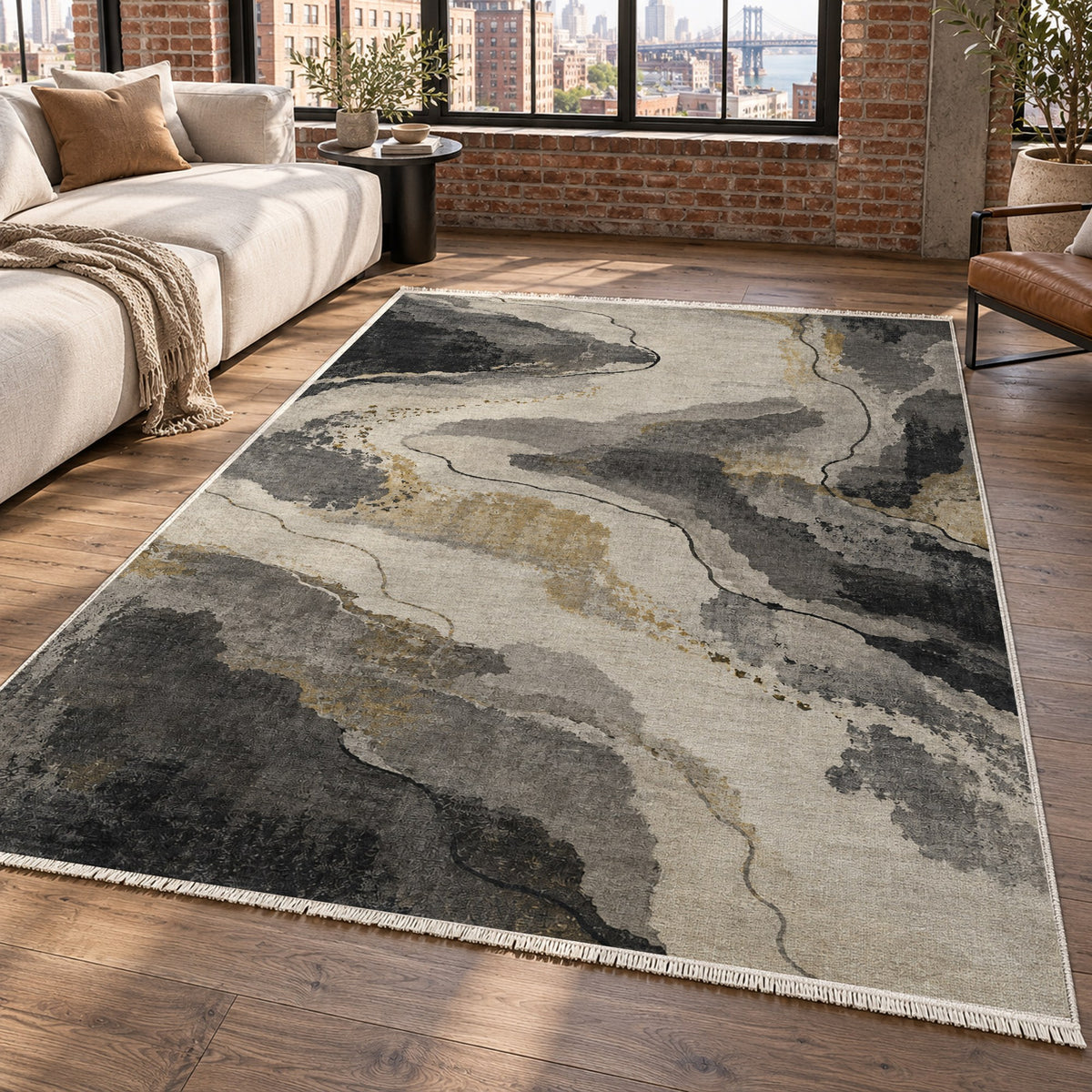 Tidal Traces Charcoal Gold Abstract Washable Rug — new york living