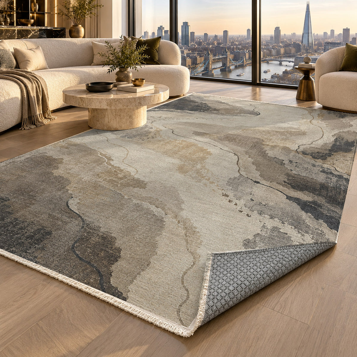 Tidal Traces Ivory Taupe Abstract Washable Rug — london luxury living