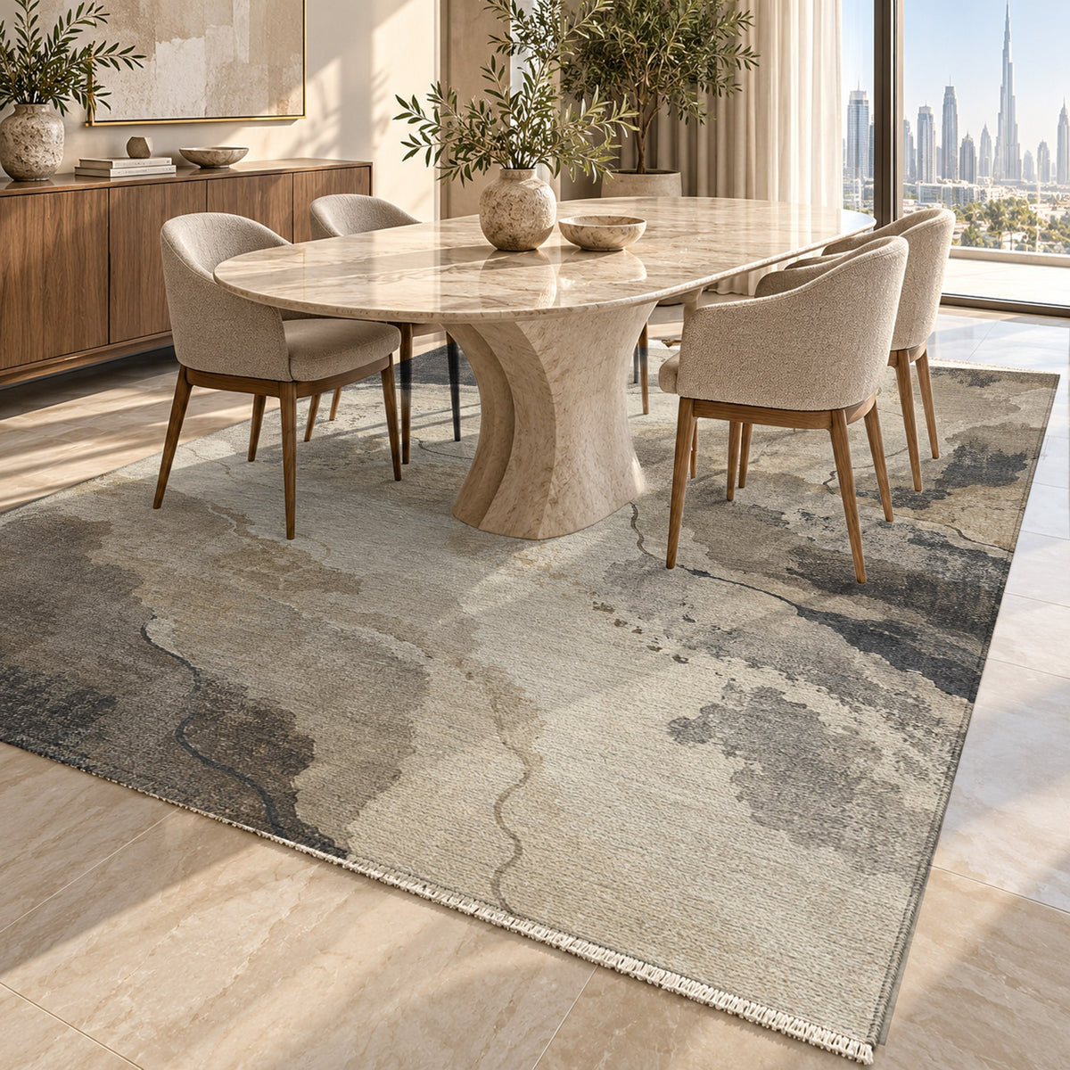 Tidal Traces Ivory Taupe Abstract Washable Rug — dubai dining
