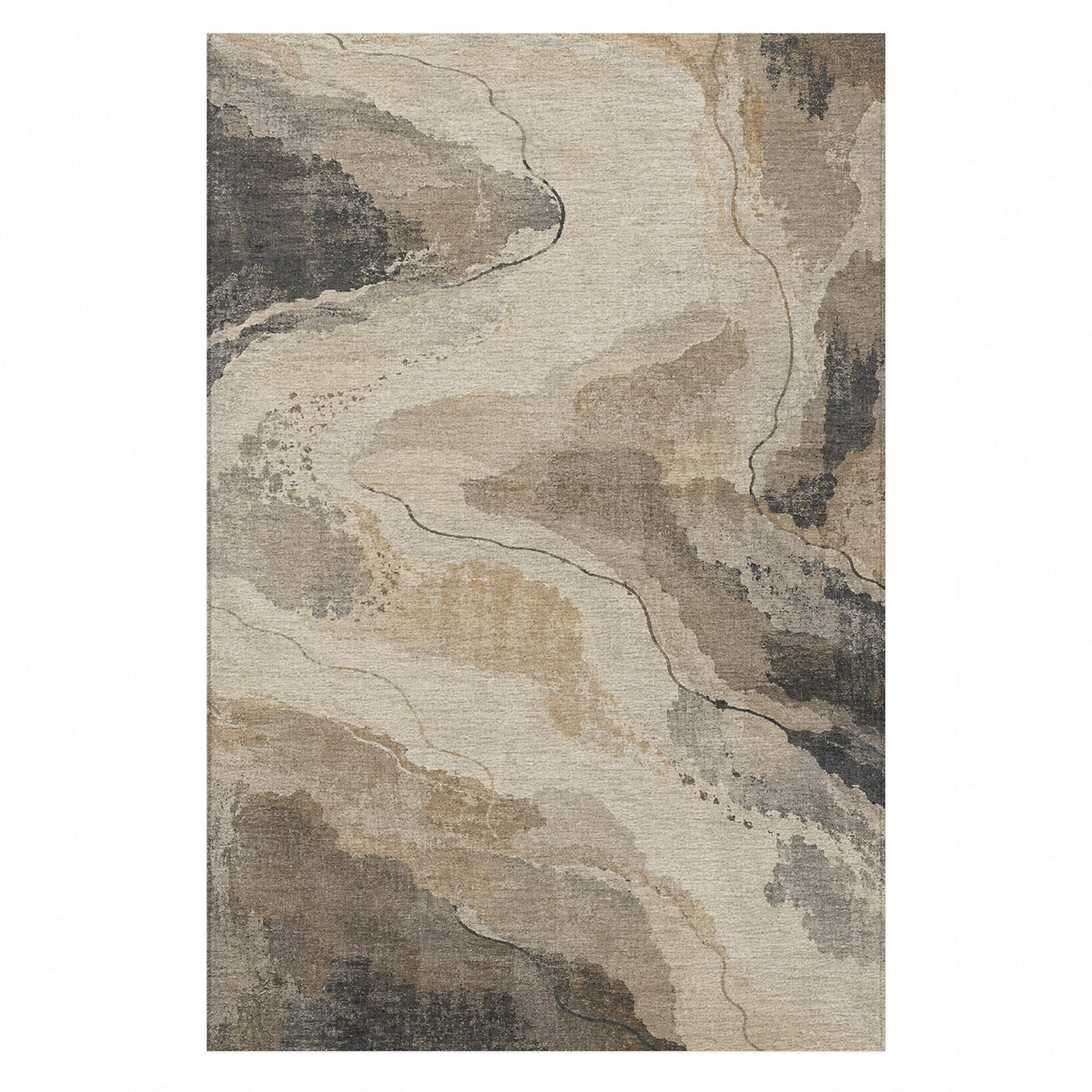Tidal Traces Ivory Taupe Abstract Washable Rug — top view