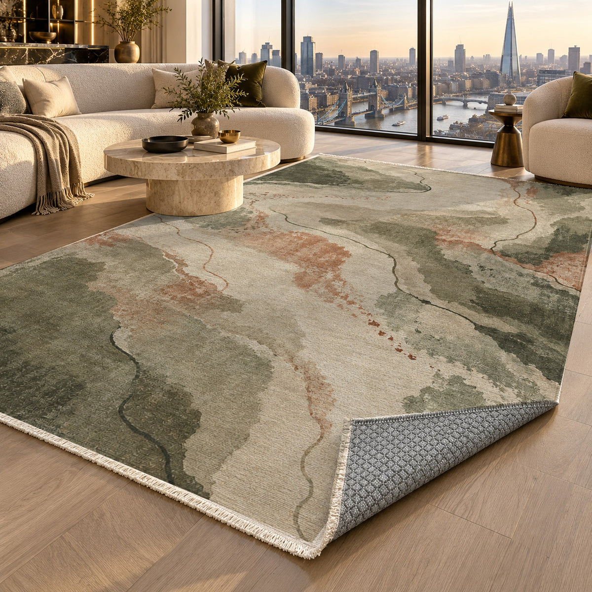 Tidal Traces Sage Clay Abstract Washable Rug — london luxury living