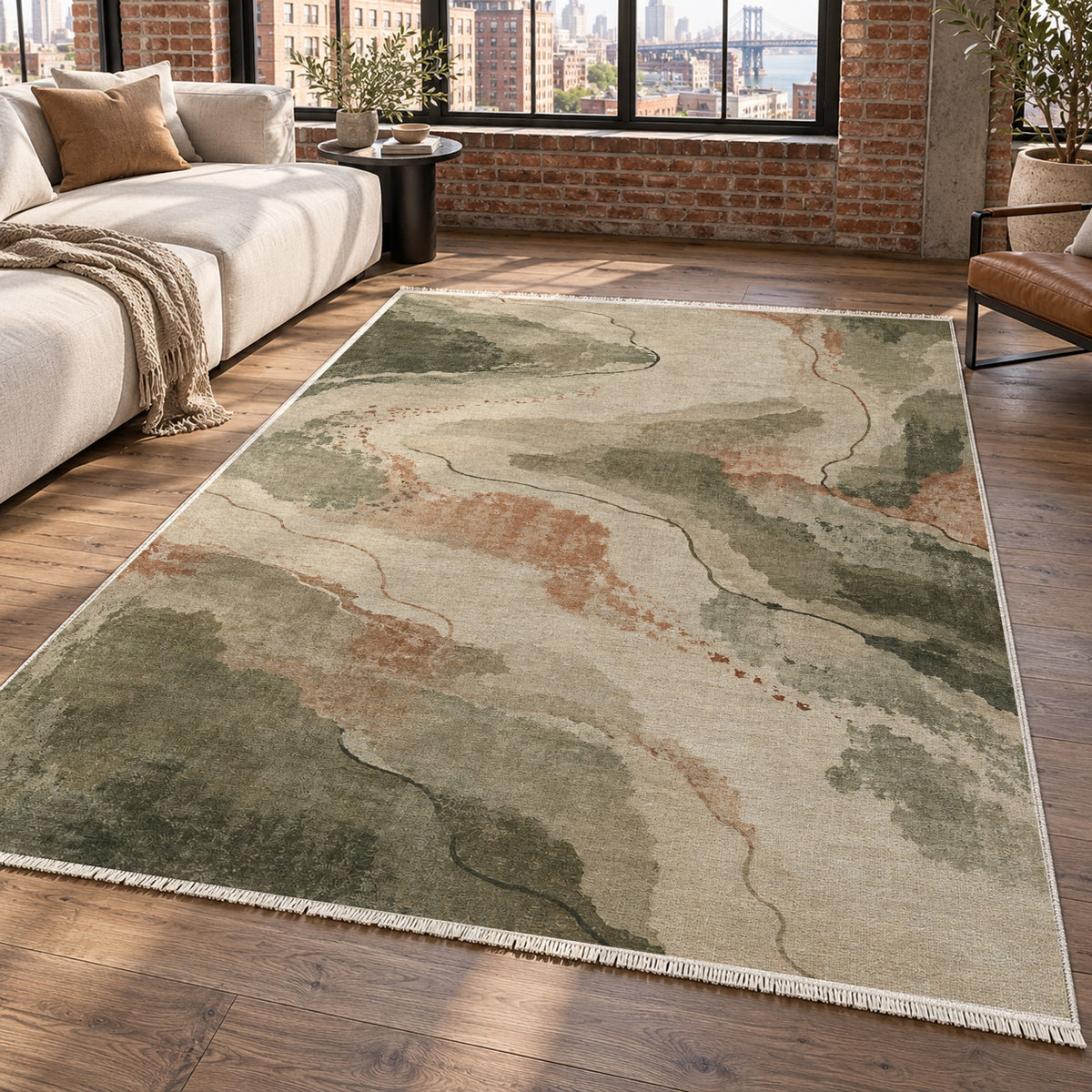 Tidal Traces Sage Clay Abstract Washable Rug — new york living